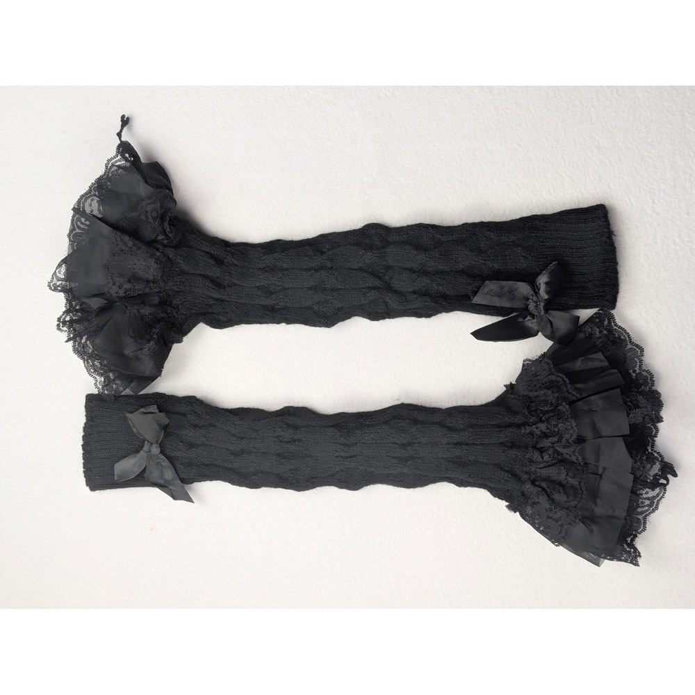 Black Knit Arm or Leg Warmer Lace Ruffle Satin Bow Gothic Lolita Coquette 17.5in